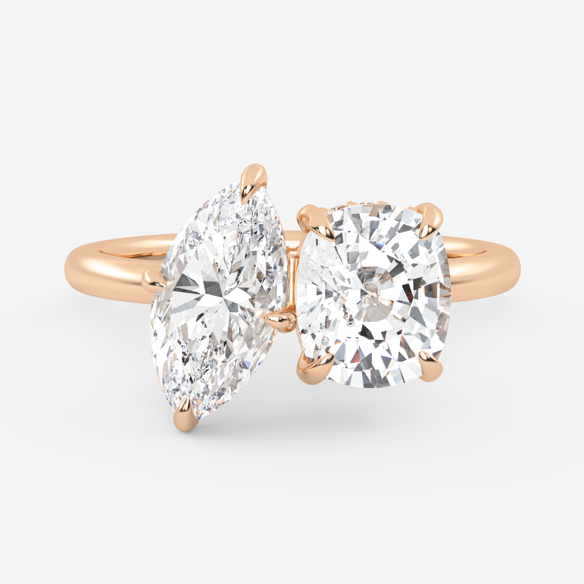 1.25 Carats Marquise & Cushion Shape Moissanite Two Stone Engagement Ring