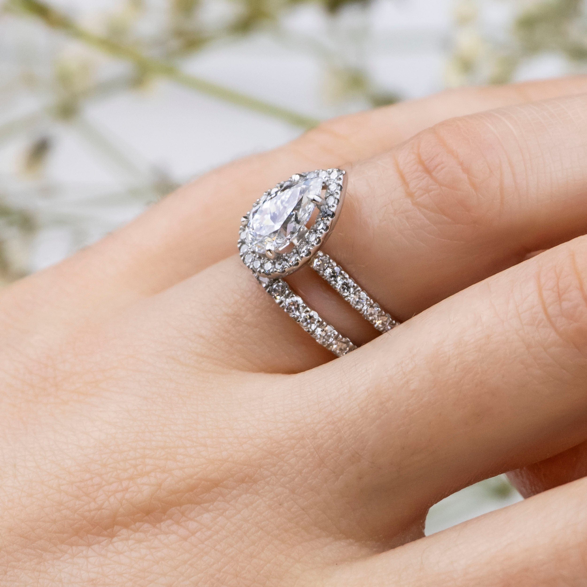 1.01 Carats Pear Shape Moissanite Halo & Pave Engagement Ring
