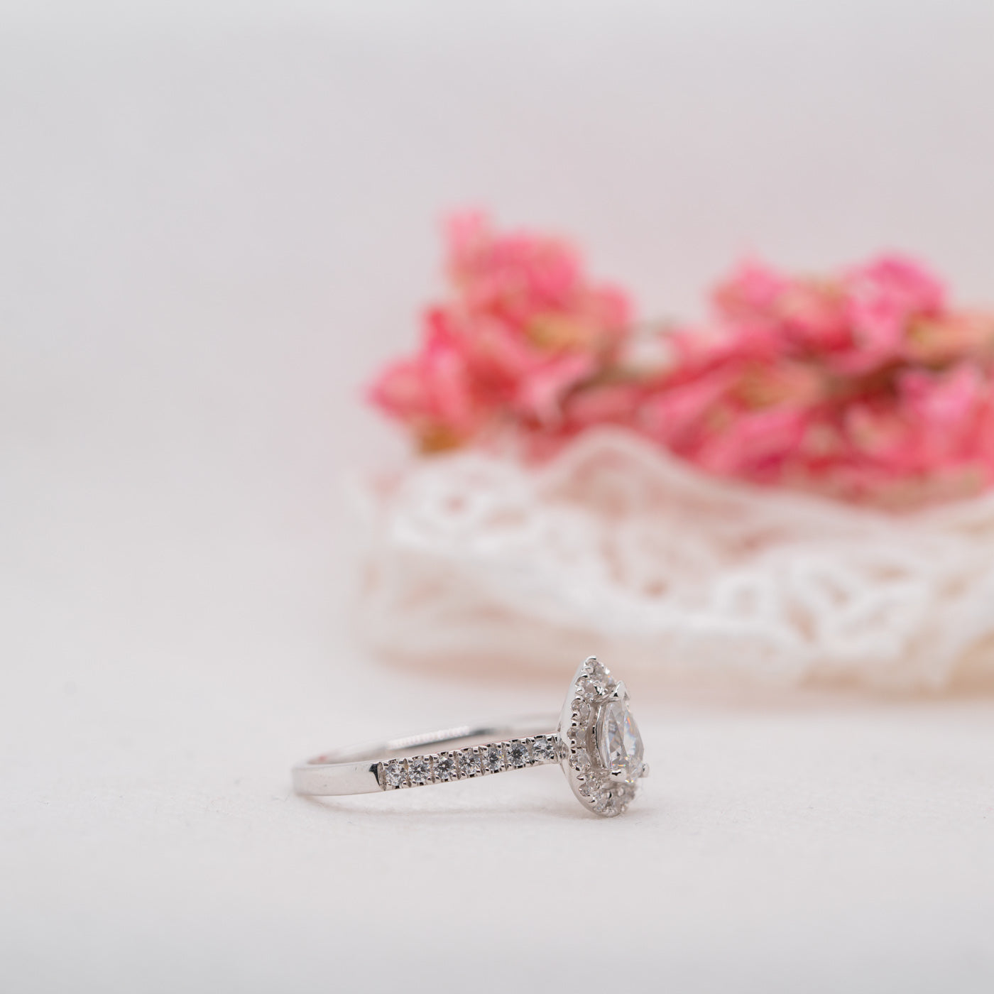 0.95 Carats Pear Shape Moissanite Halo & Pave  Engagement Ring