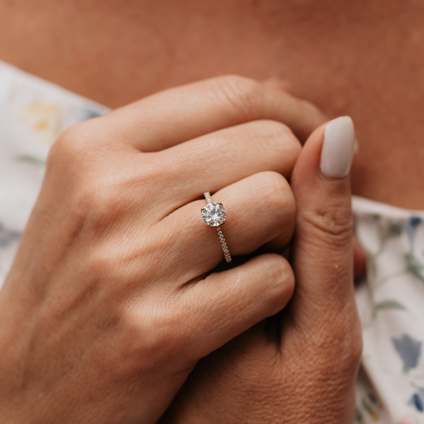 0.96 Carats Round Shape Moissanite Pave Engagement Ring