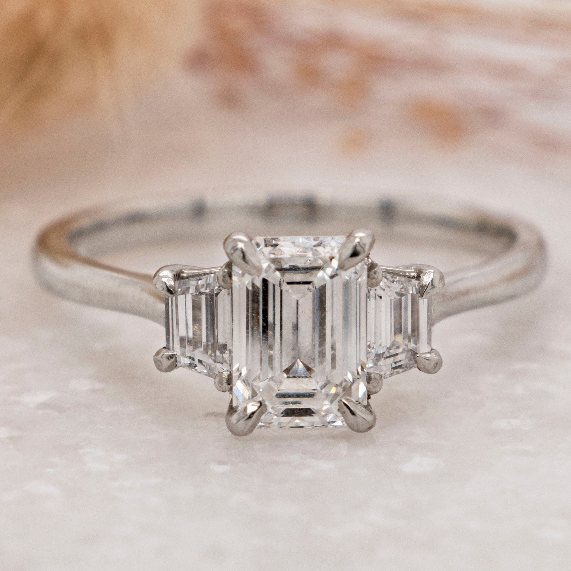 1.04 Carats Emerald Shape Moissanite Three Stone Engagement Ring