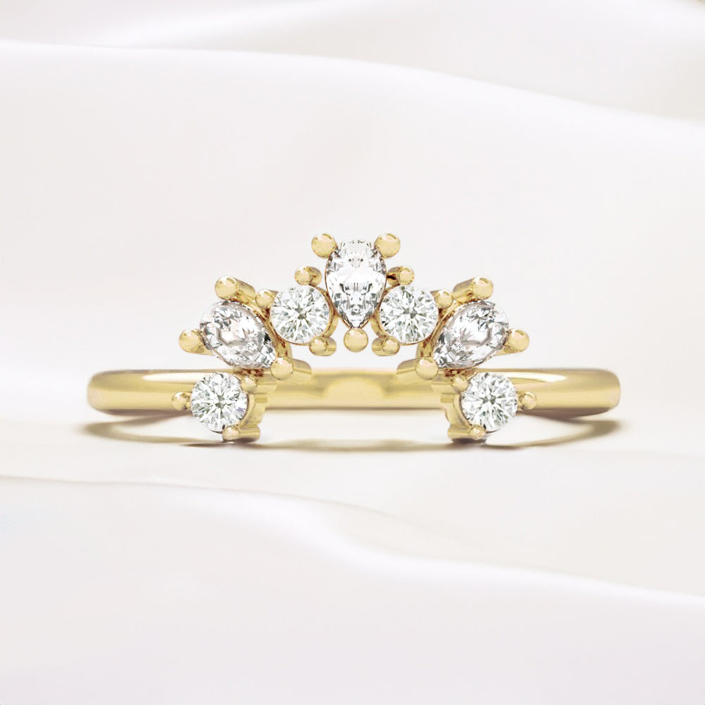 0.15 Carats Moissanite Round & Pear Shape Dainty Curved Wedding Band