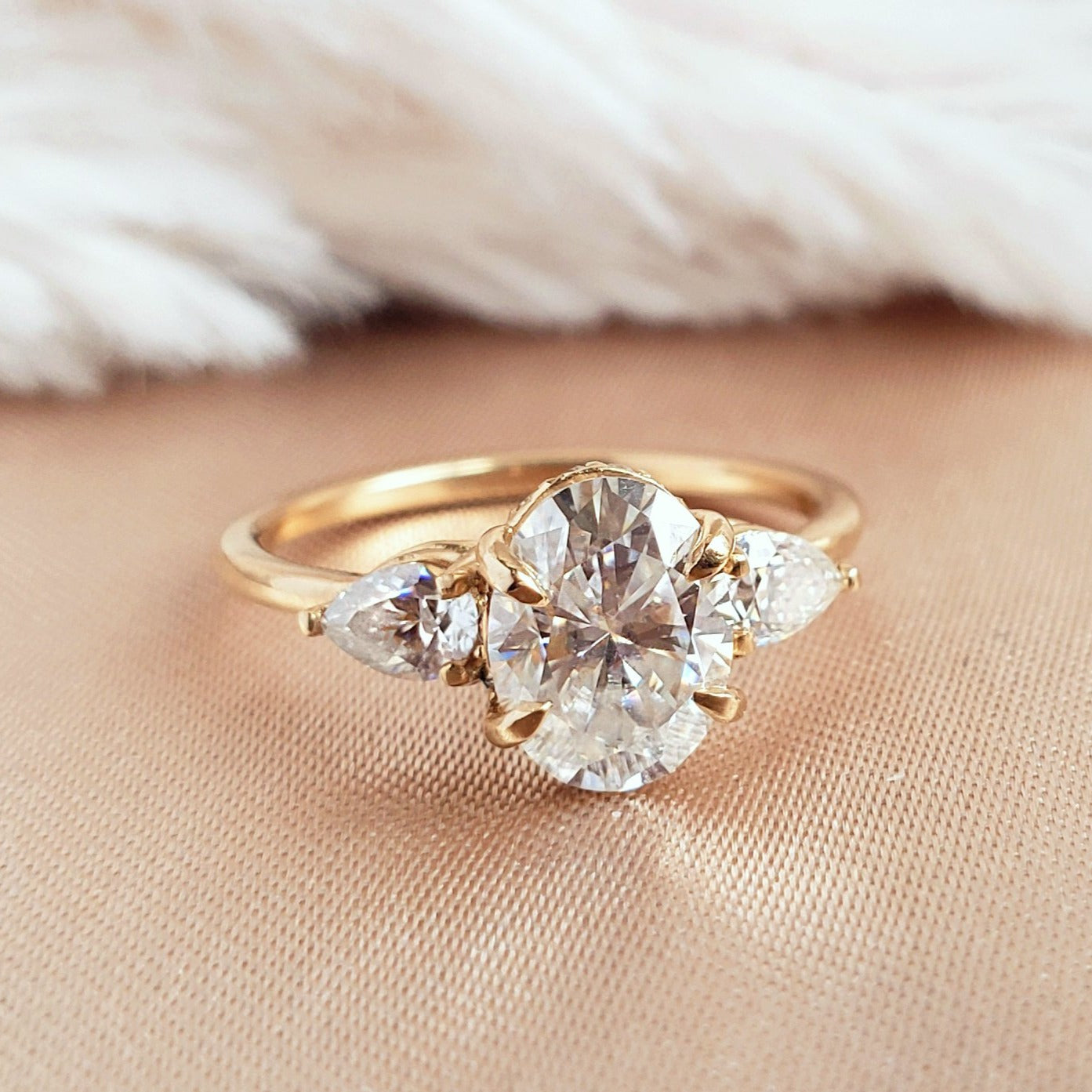 1.25 Carats Oval Shape Moissanite Three Stone Engagement Ring