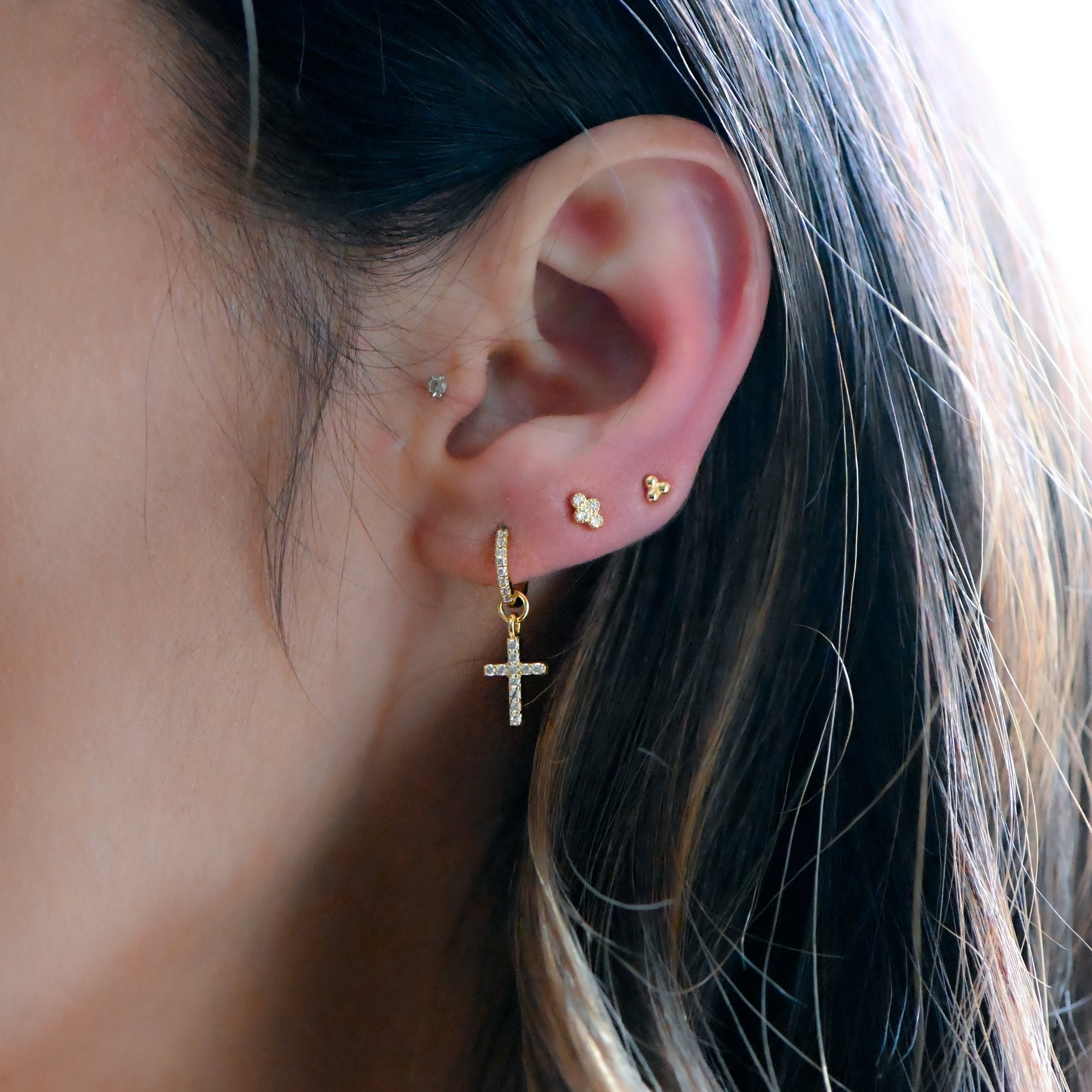 0.25 TCW Round Shape Moissanite Cross Charm Huggies Earrings