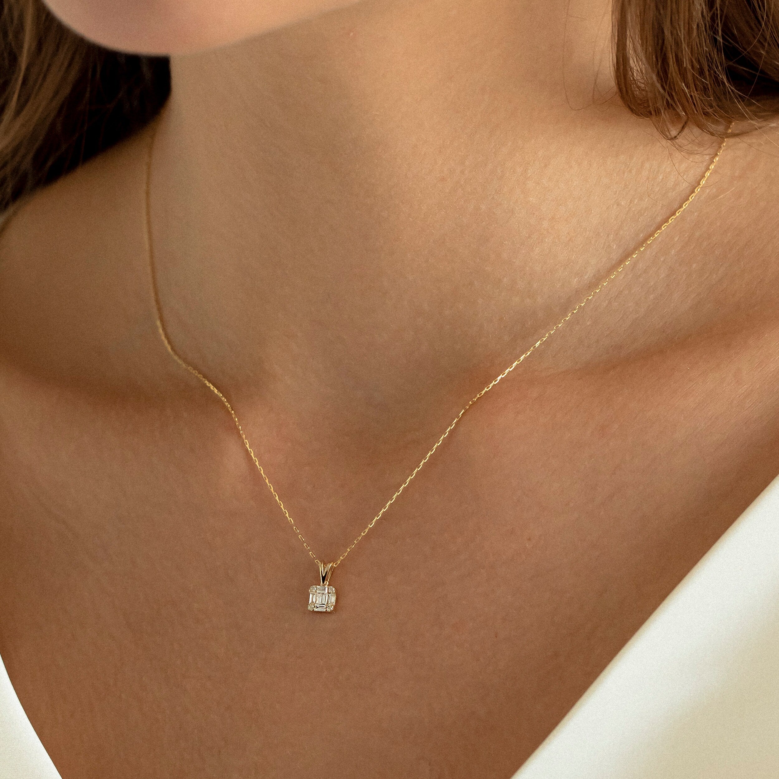 0.18 Carats Baguette & Round Shape Moissanite Square Necklace