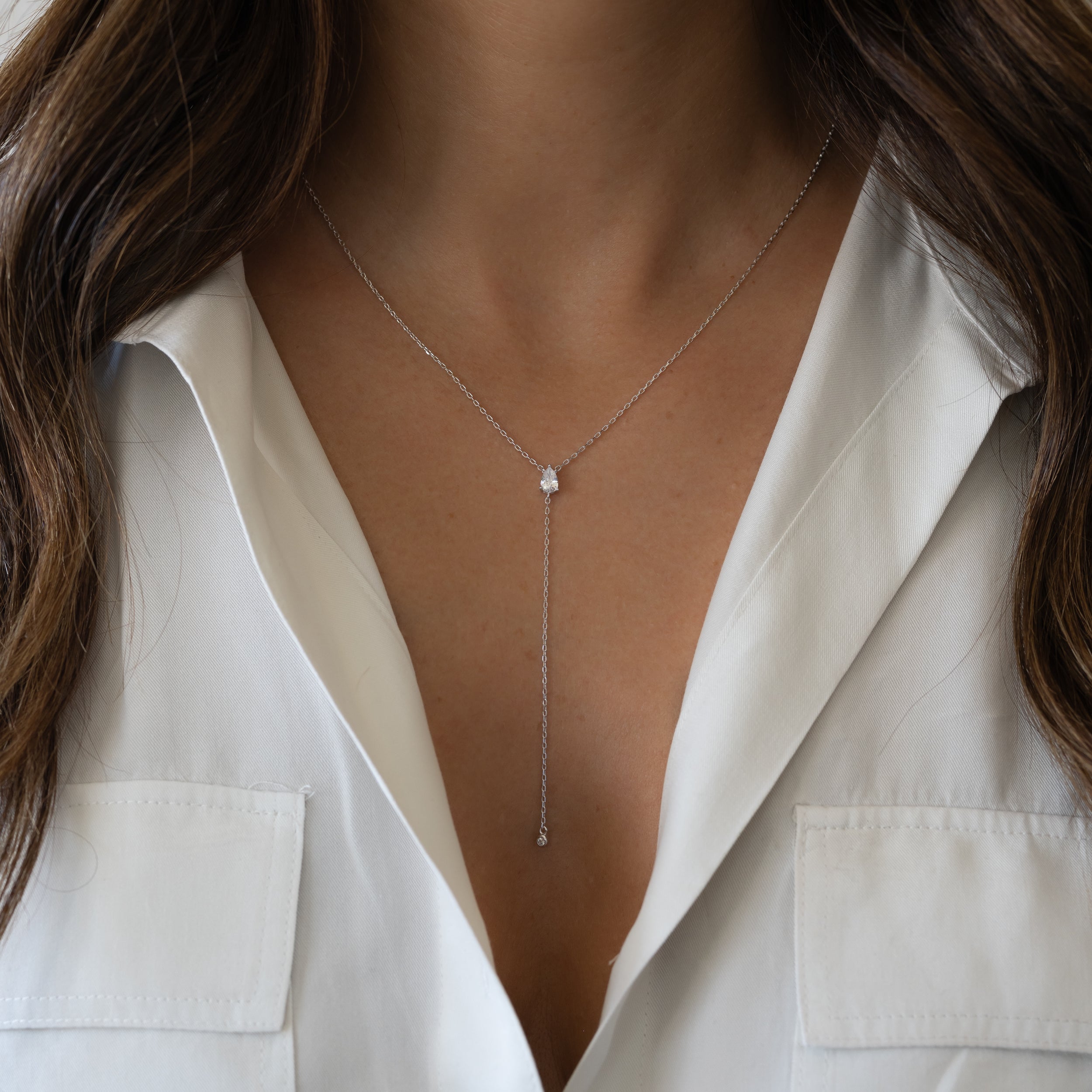 0.25 Carats Pear Shape Moissanite Diamond Lariat Necklace