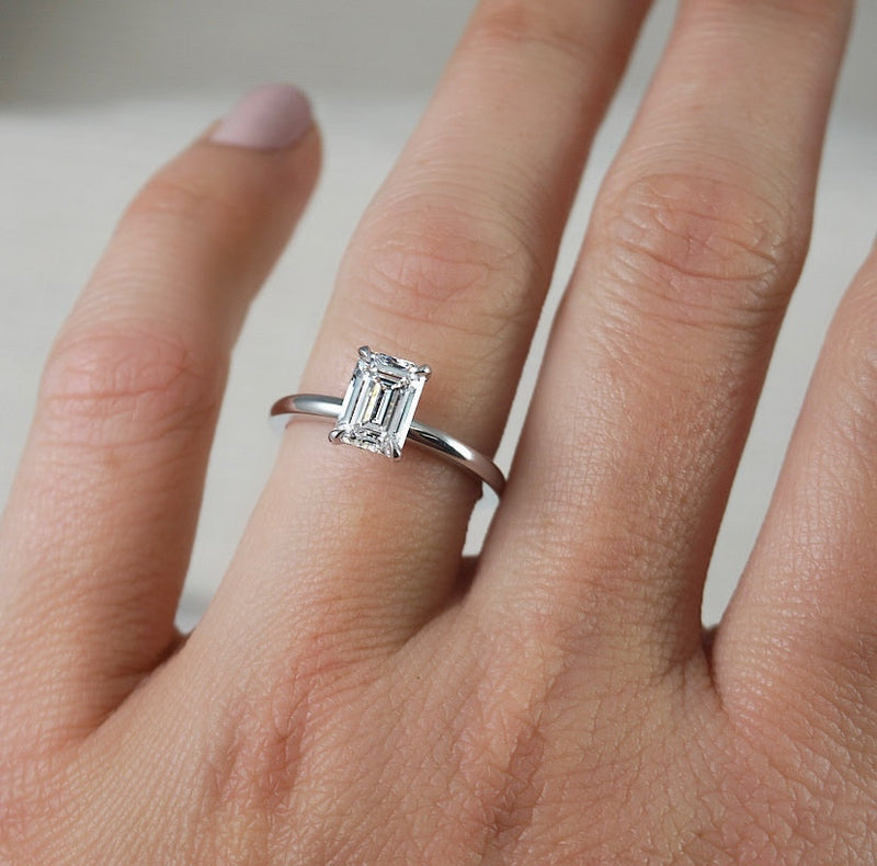 1.0 Carats Lab Grown Diamond Emerald Shape E-VS1 Hidden Halo Engagement Ring