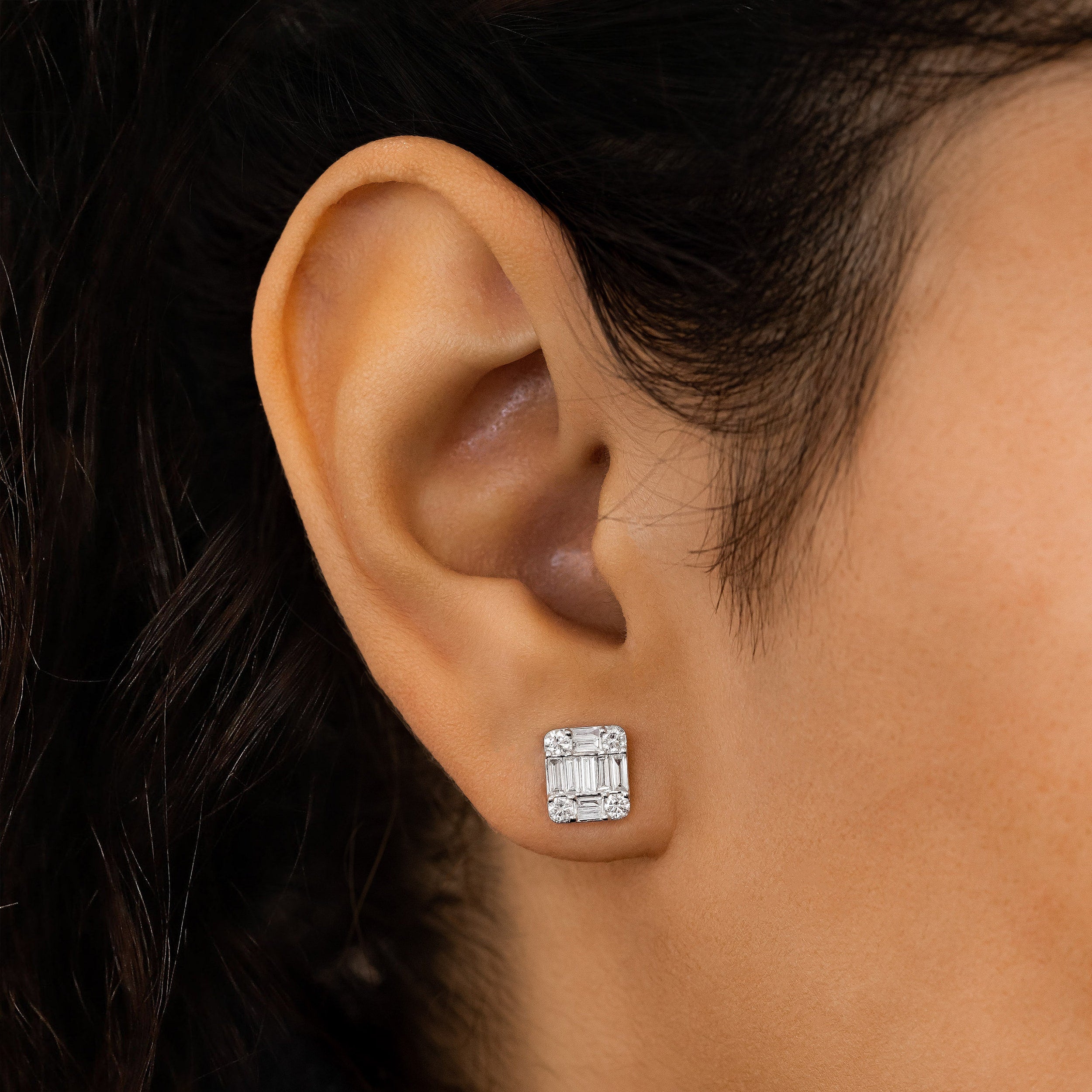 0.99 TCW Baguette & Round CVD Diamond Stud Earrings